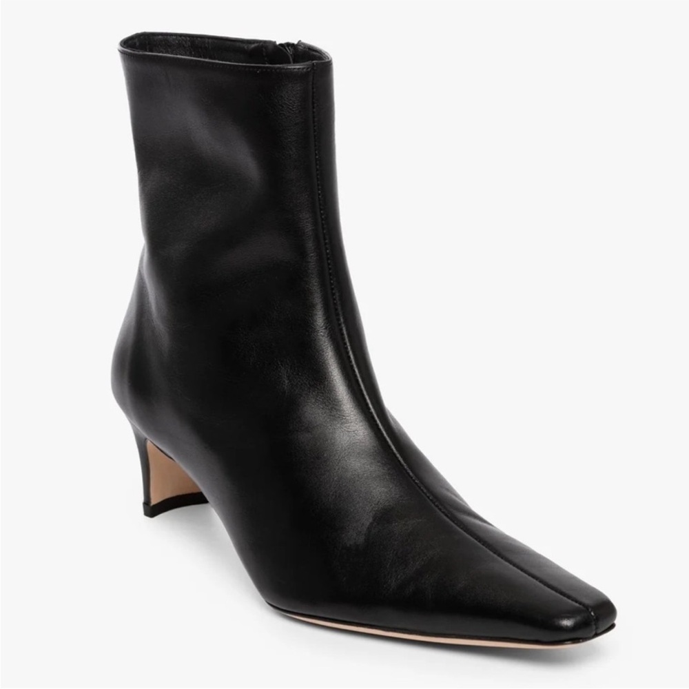 Staud Wally Black Leather Ankle Boots with Kitten Heel